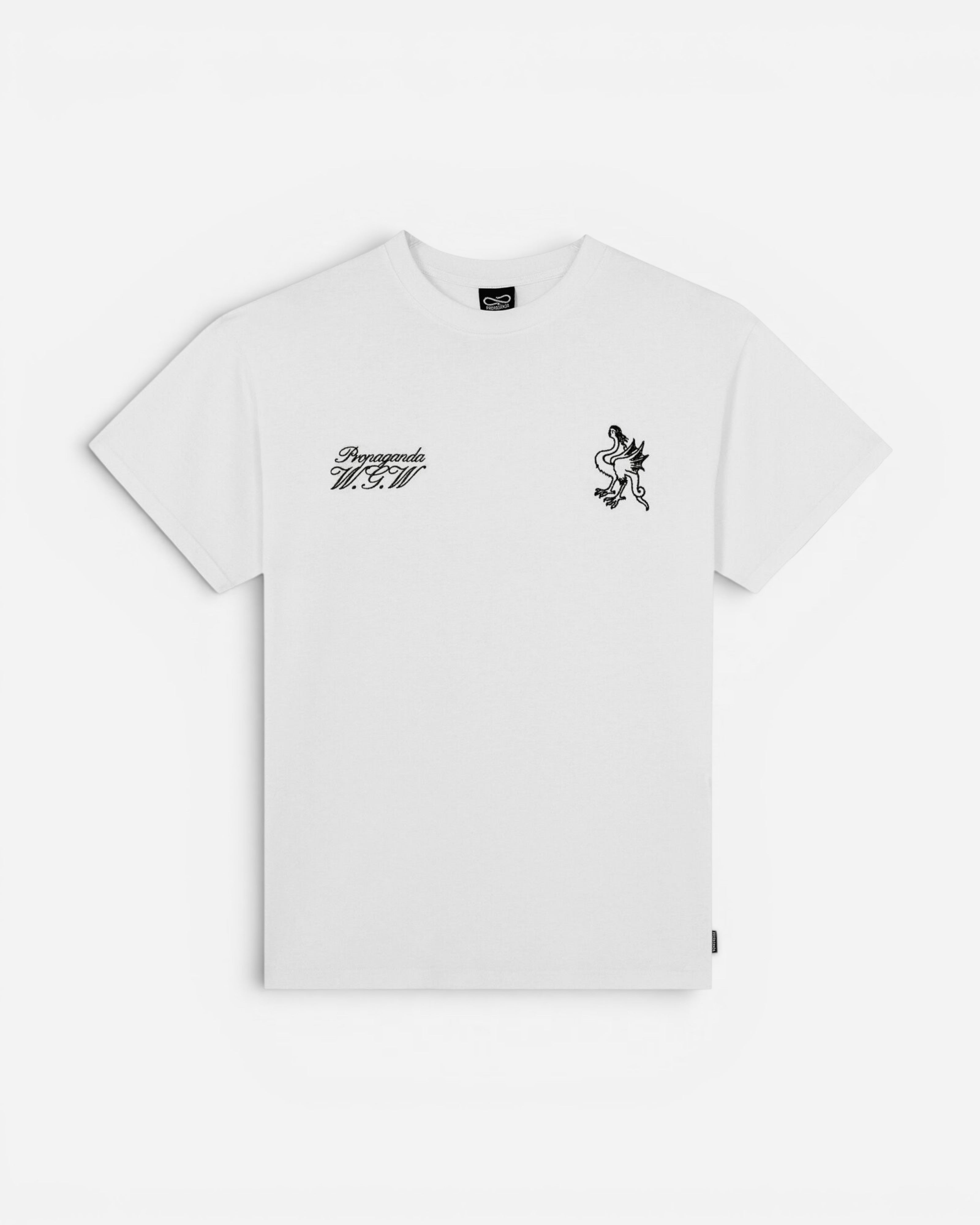 Astrofat white cotton t-shirt with black 'Propaganda W.G.W.' text and a black griffin graphic on the chest.