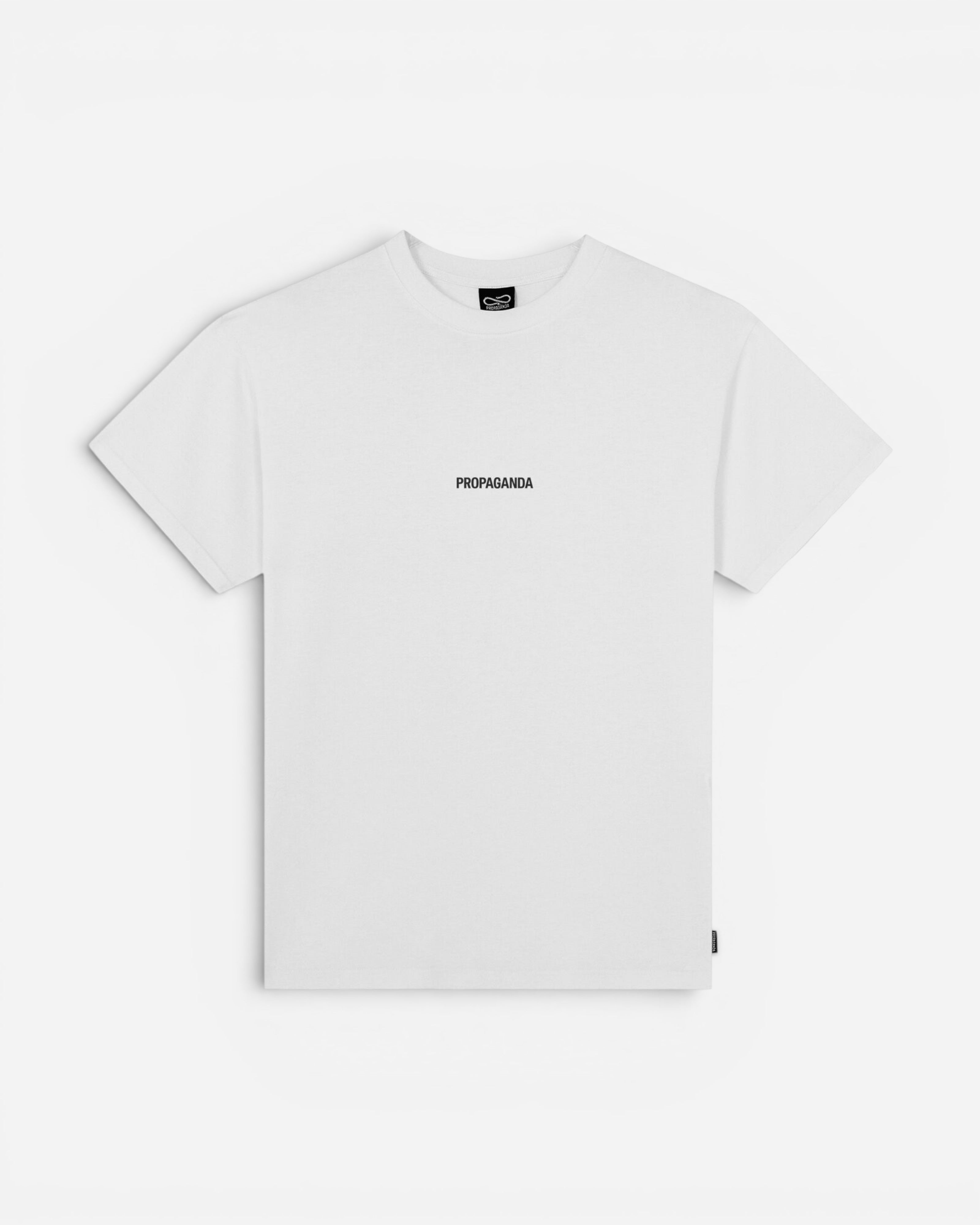Astrofat white cotton t-shirt with 'PROPAGANDA' printed on the chest and a small label on the side.