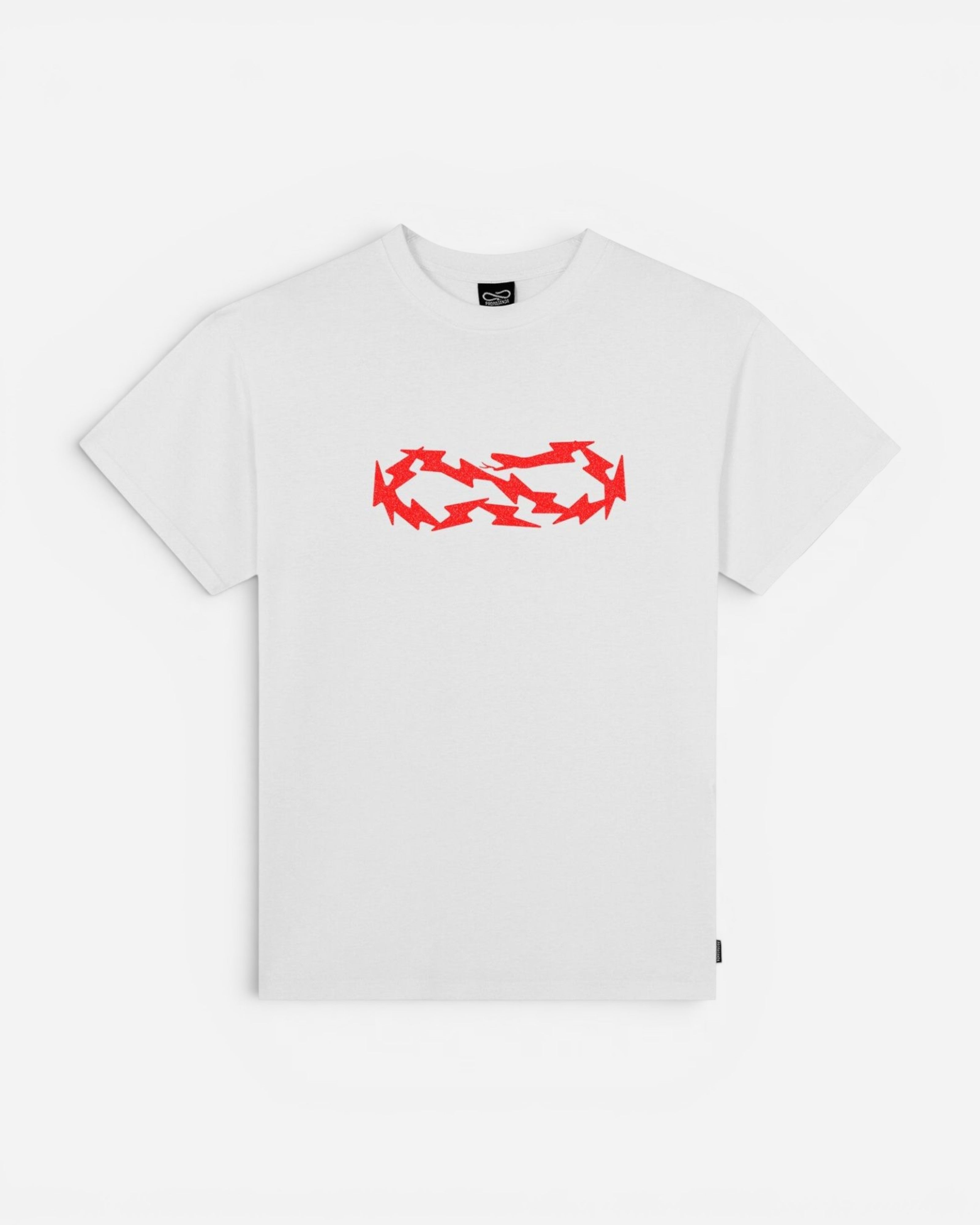Astrofat white cotton t-shirt with a red graphic print resembling lightning bolts forming an infinity symbol on the front.