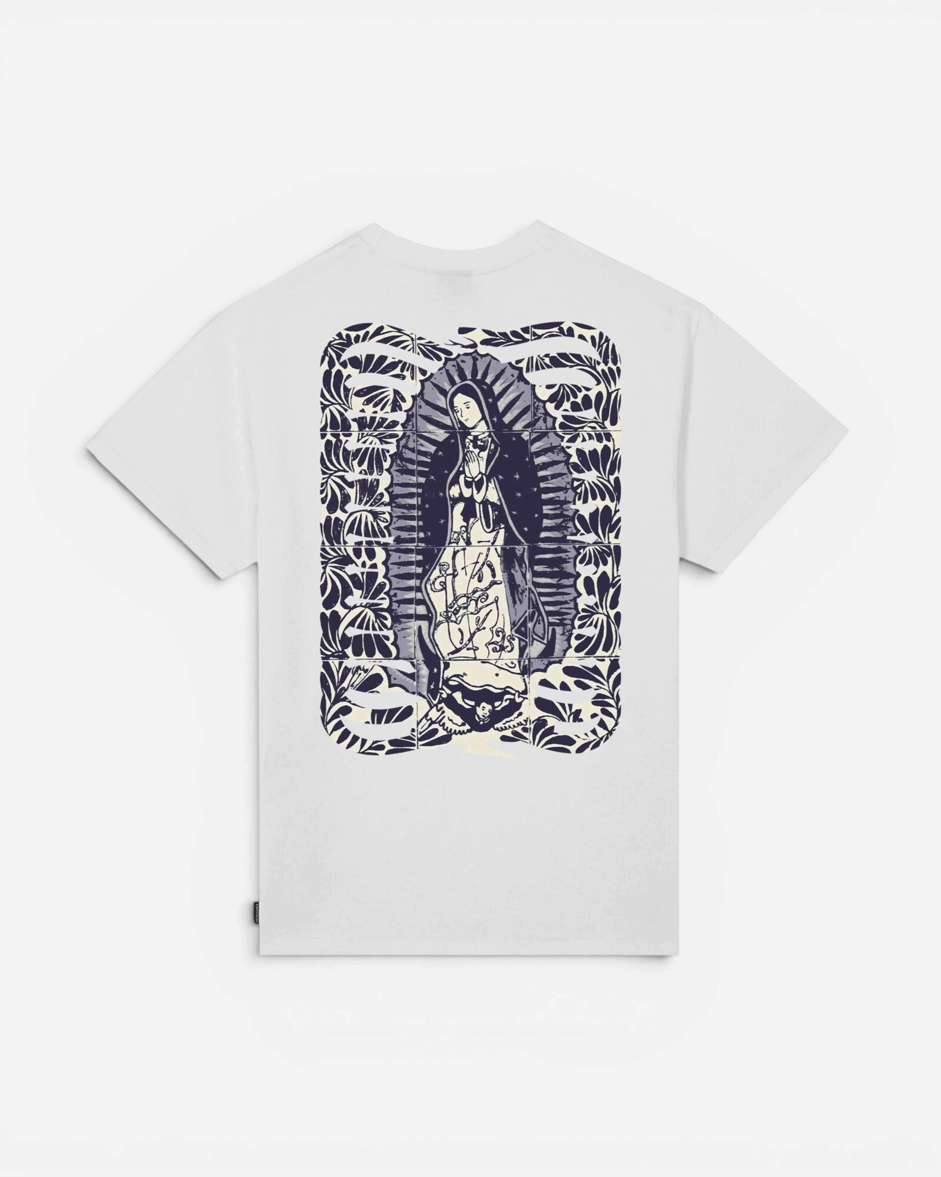 Astrofat white cotton t-shirt with a graphic print of the Virgin Mary surrounded by floral motifs on the back.