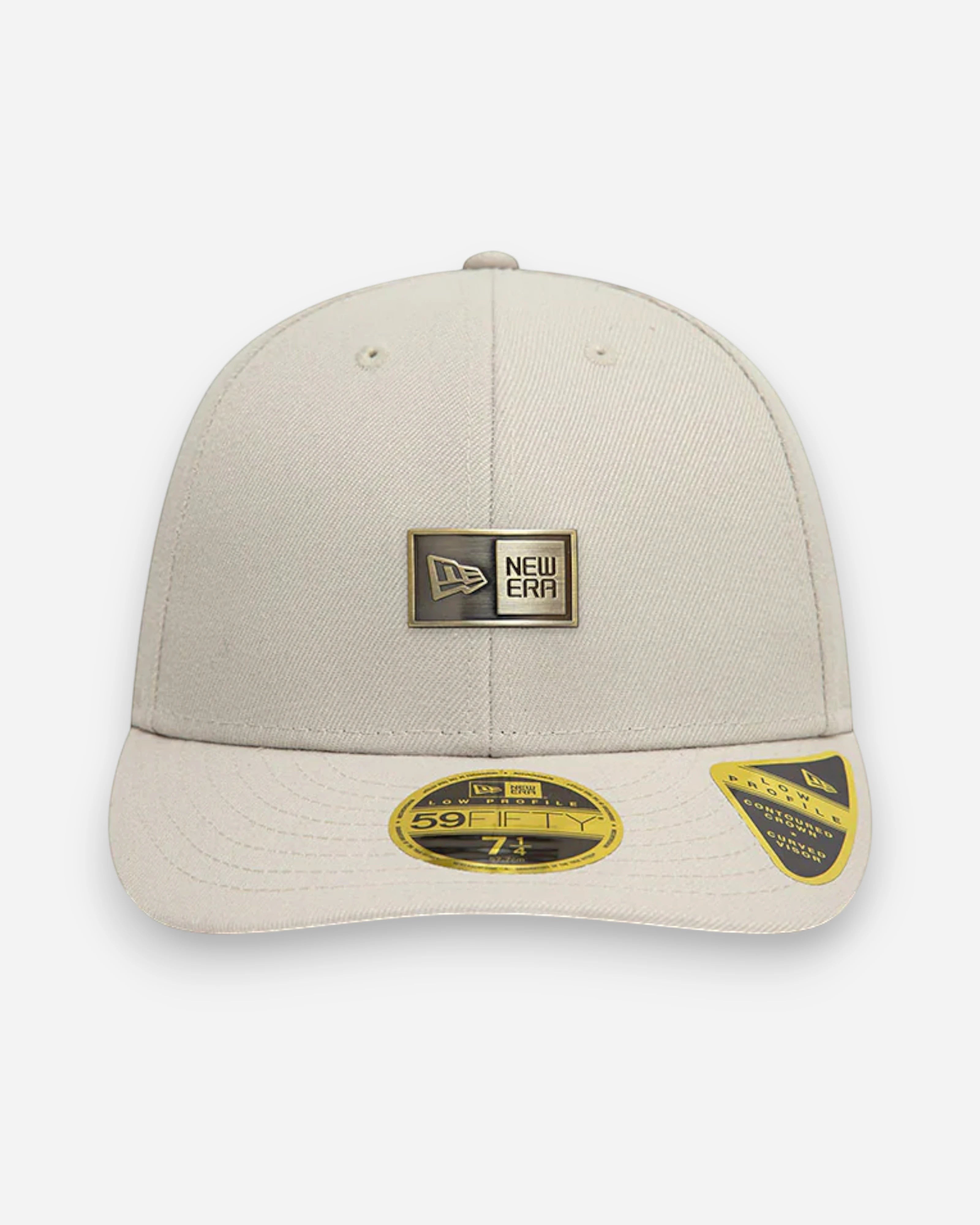 Astrofat 59FIFTY Low Profile Metallic Badge White cap with structured crown and flat visor. Features a metallic New Era badge on the front.