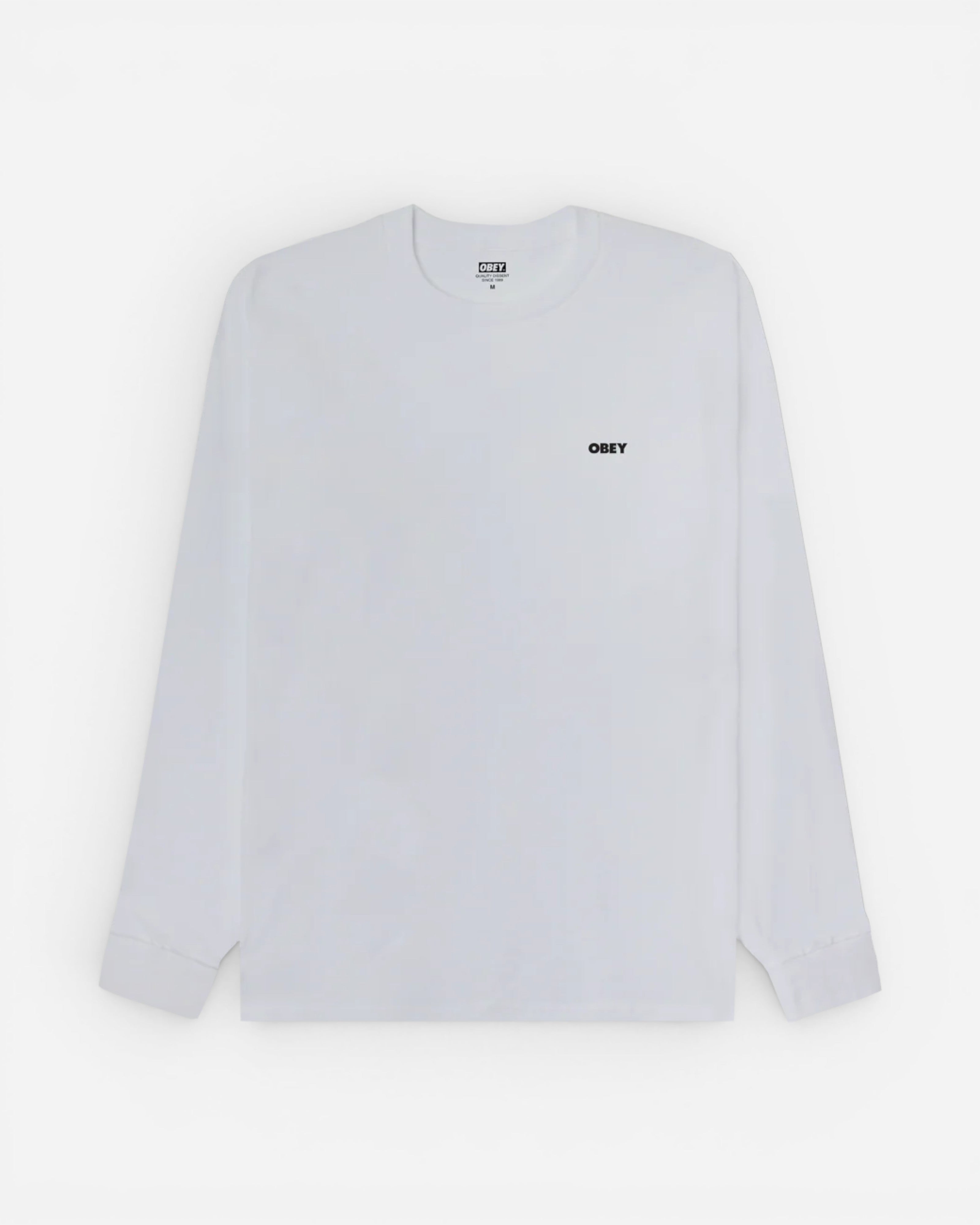 Astrofat white 100% cotton long sleeve t-shirt with small black OBEY logo on the chest and back.