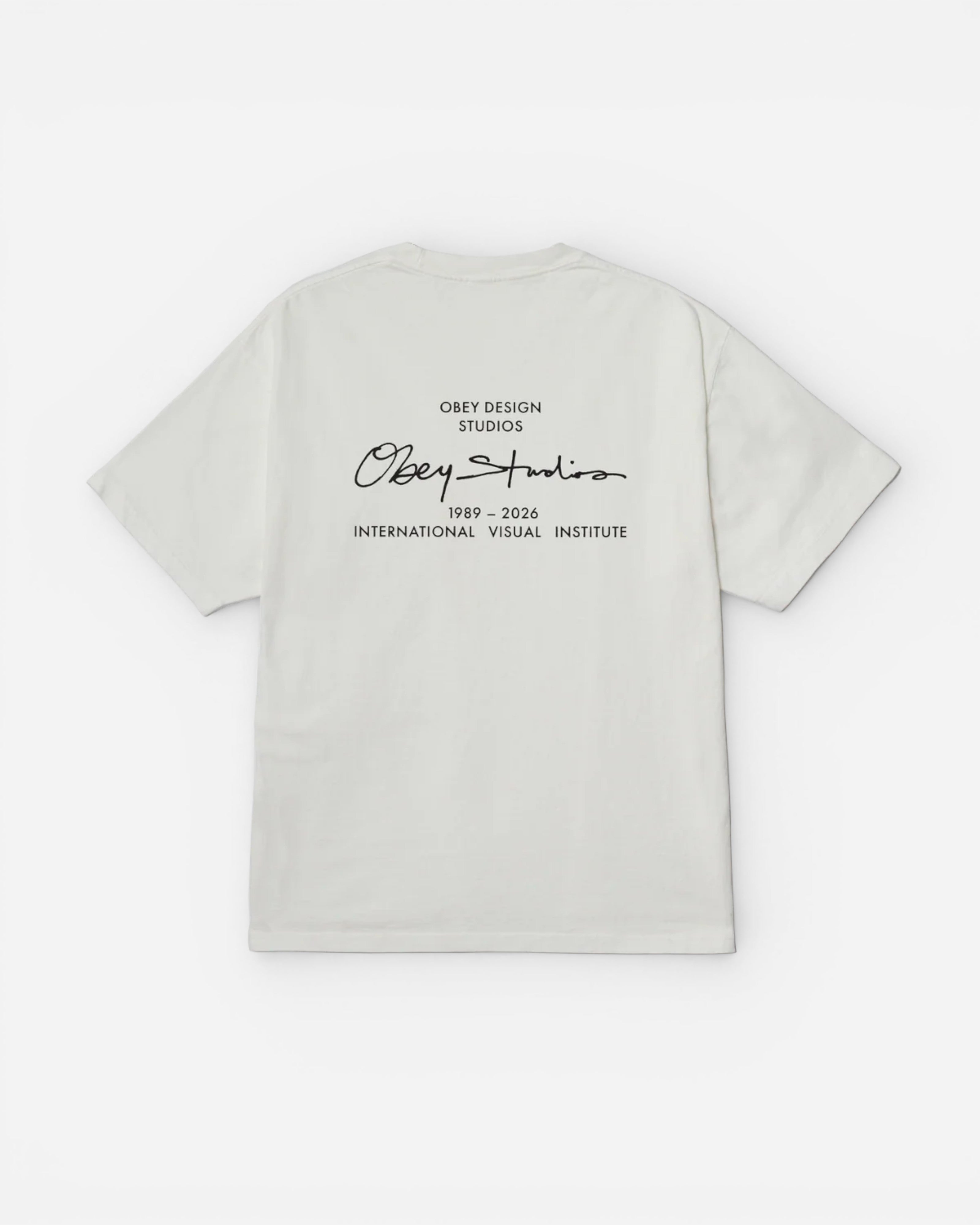 Astrofat white 100% cotton t-shirt with a graphic print on the back featuring 'Obey Design Studios' and 'International Visual Institute'.