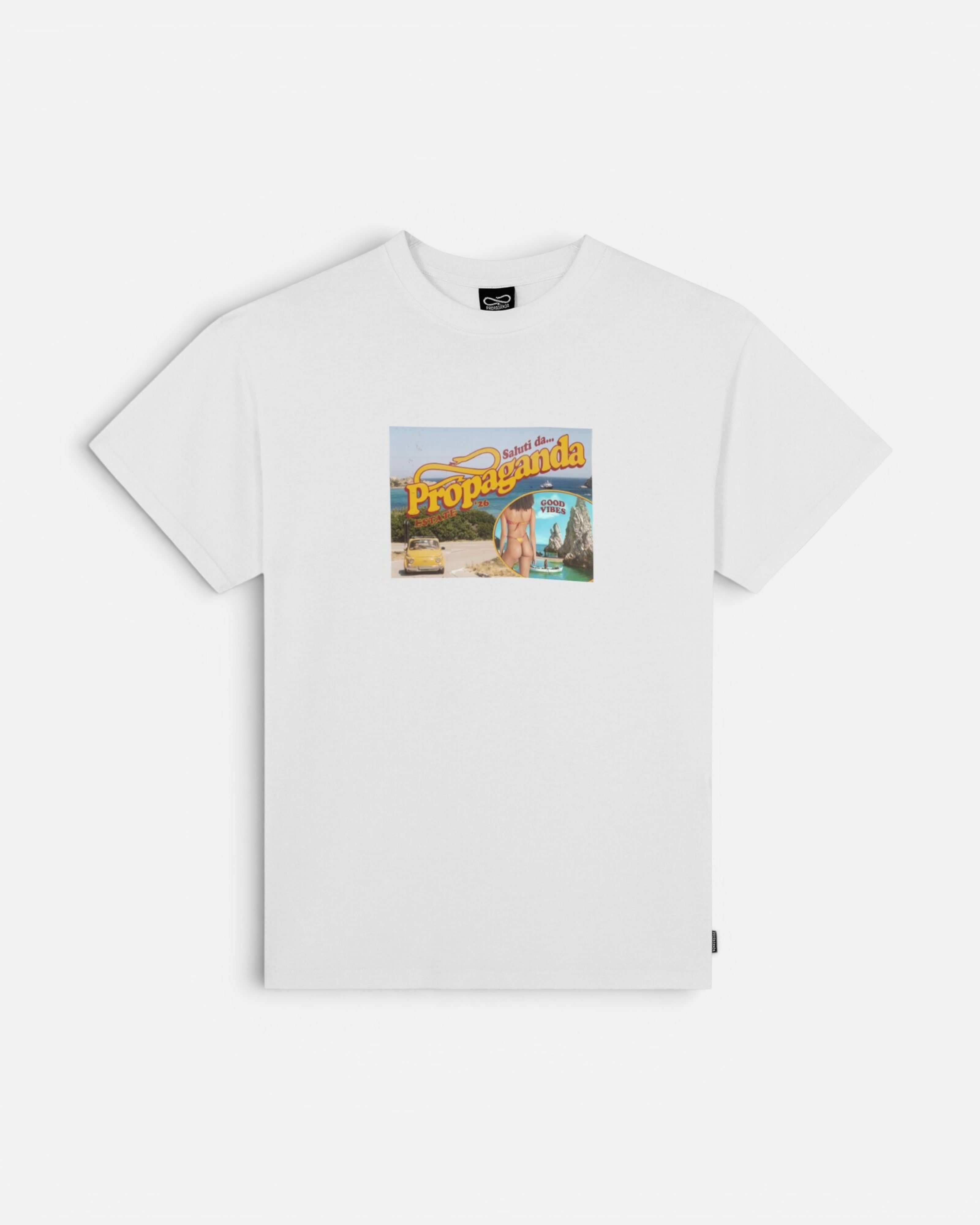Astrofat white cotton t-shirt with a graphic print of a vintage postcard featuring a yellow car and a beach scene.