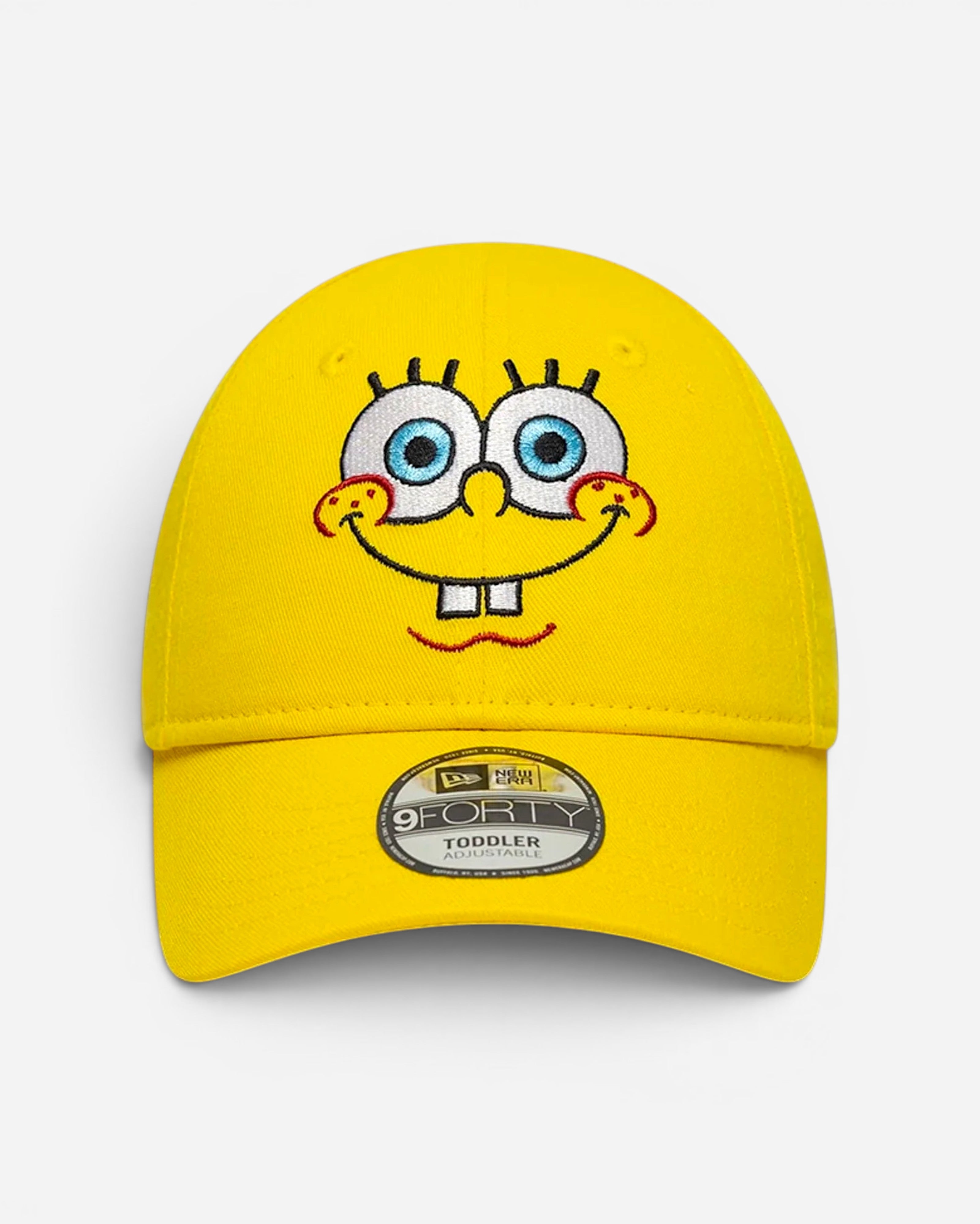 Astrofat Toddler 9FORTY cap in bright yellow with embroidered Spongebob face graphic, curved brim, and velcro closure.