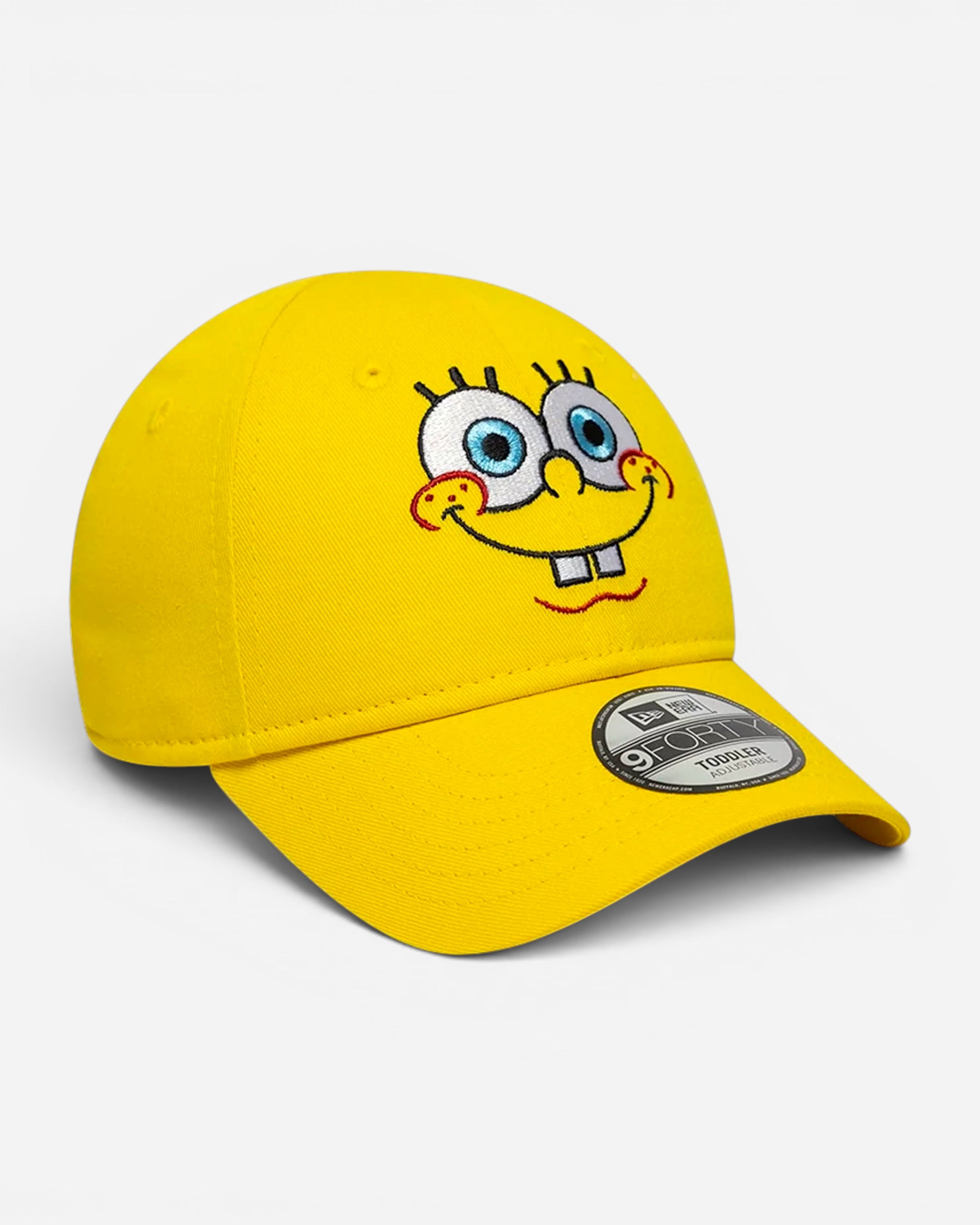 Astrofat yellow cotton toddler cap with Spongebob Squarepants face embroidered on the front, adjustable velcro closure, and curved brim.