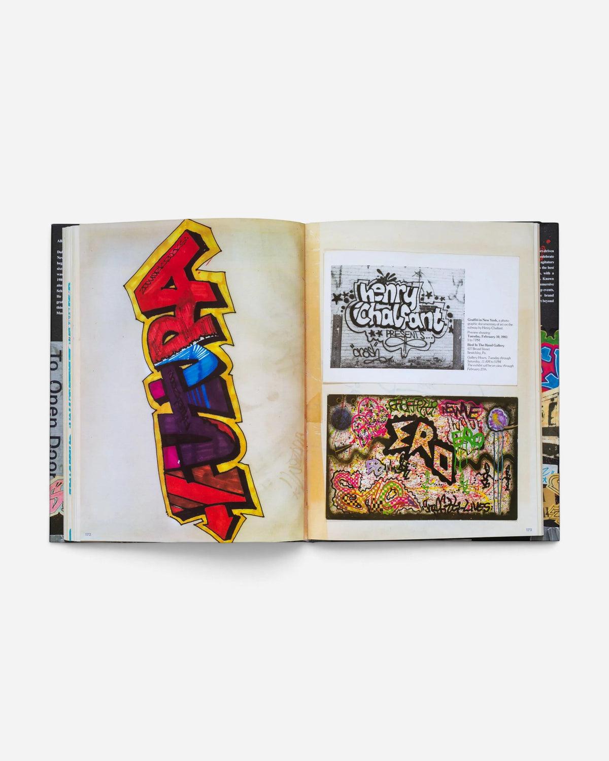 Astrofat Zephyr Graffiti Black Book open to pages showing vibrant red and purple graffiti lettering and archival photos.