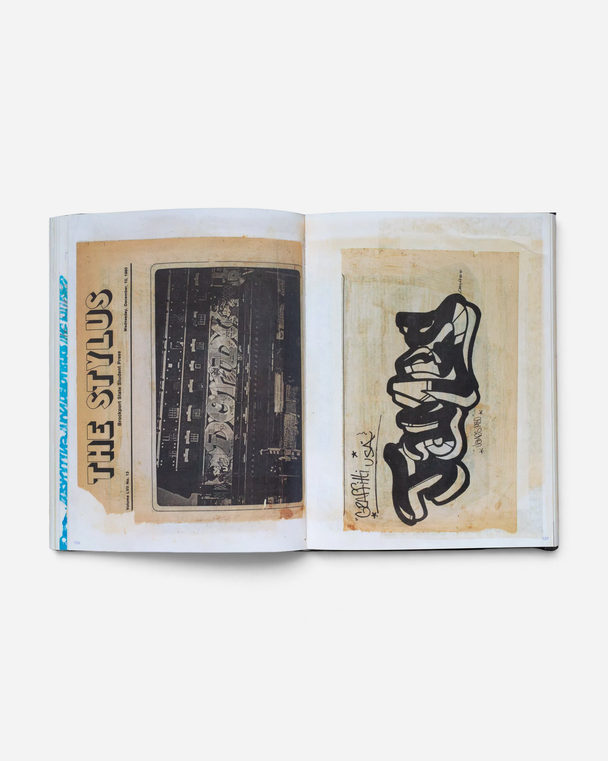 A spread from the Astrofat Zephyr graffiti scrapbook showing vintage newspaper clippings and black ink sketches