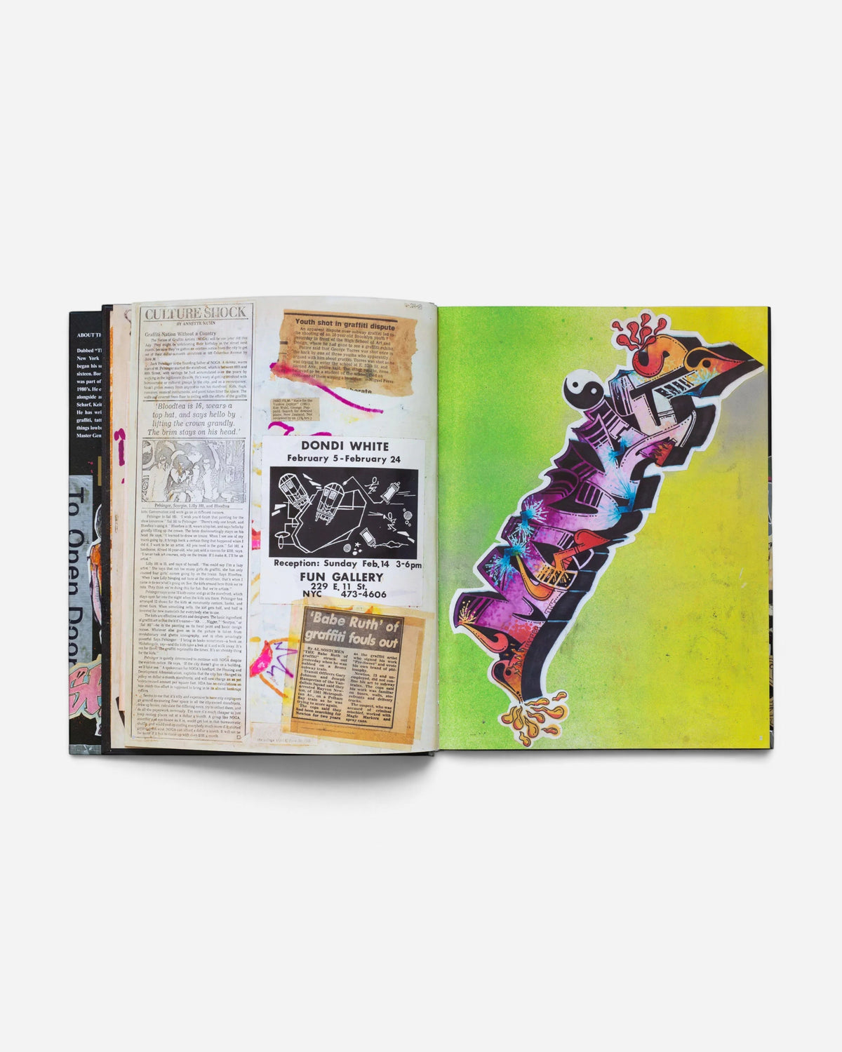Astrofat Zephyr graffiti scrapbook page featuring vintage newspaper clippings, flyers, and vibrant hand-drawn lettering.