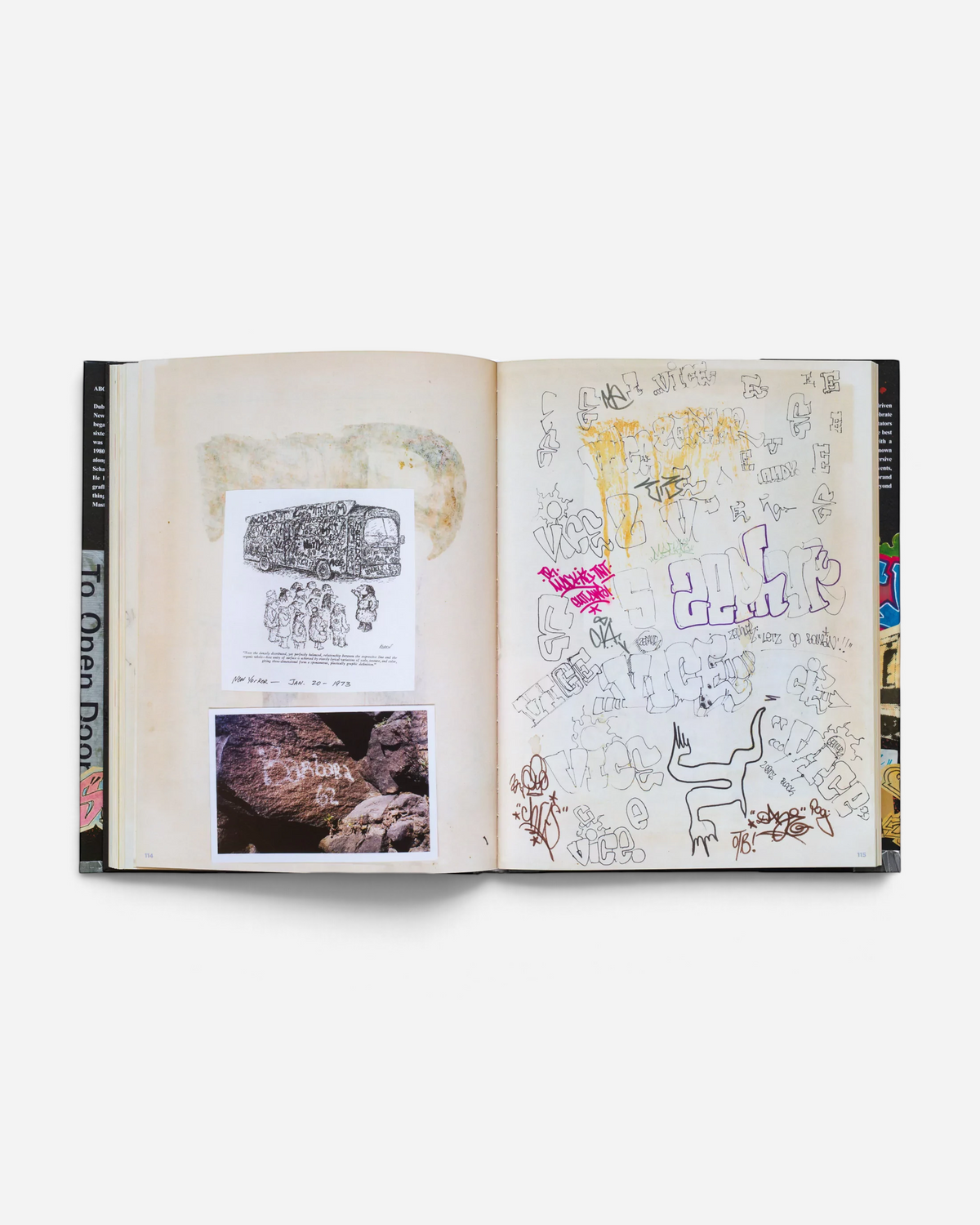 Open pages of Astrofat Zephyr graffiti scrapbook showing vintage sketches, subway train drawings, and tags on paper.