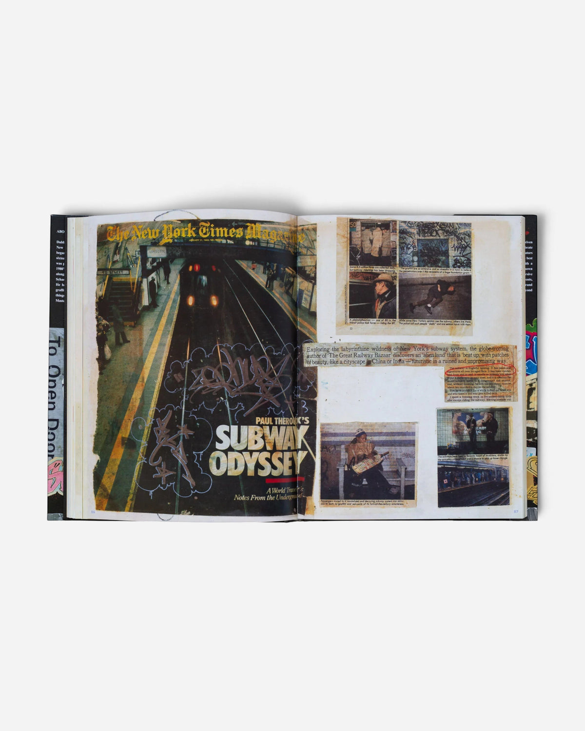 Open pages of the Astrofat Zephyr graffiti scrapbook featuring vintage New York subway photography and newspaper clippings