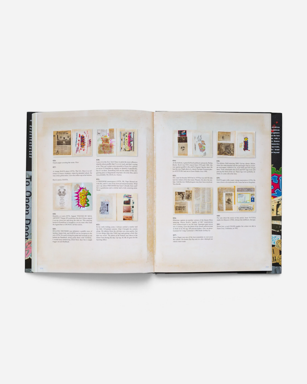 A spread from the Astrofat Zephyr graffiti scrapbook showing archival photos, newspaper clippings, and artist notes.