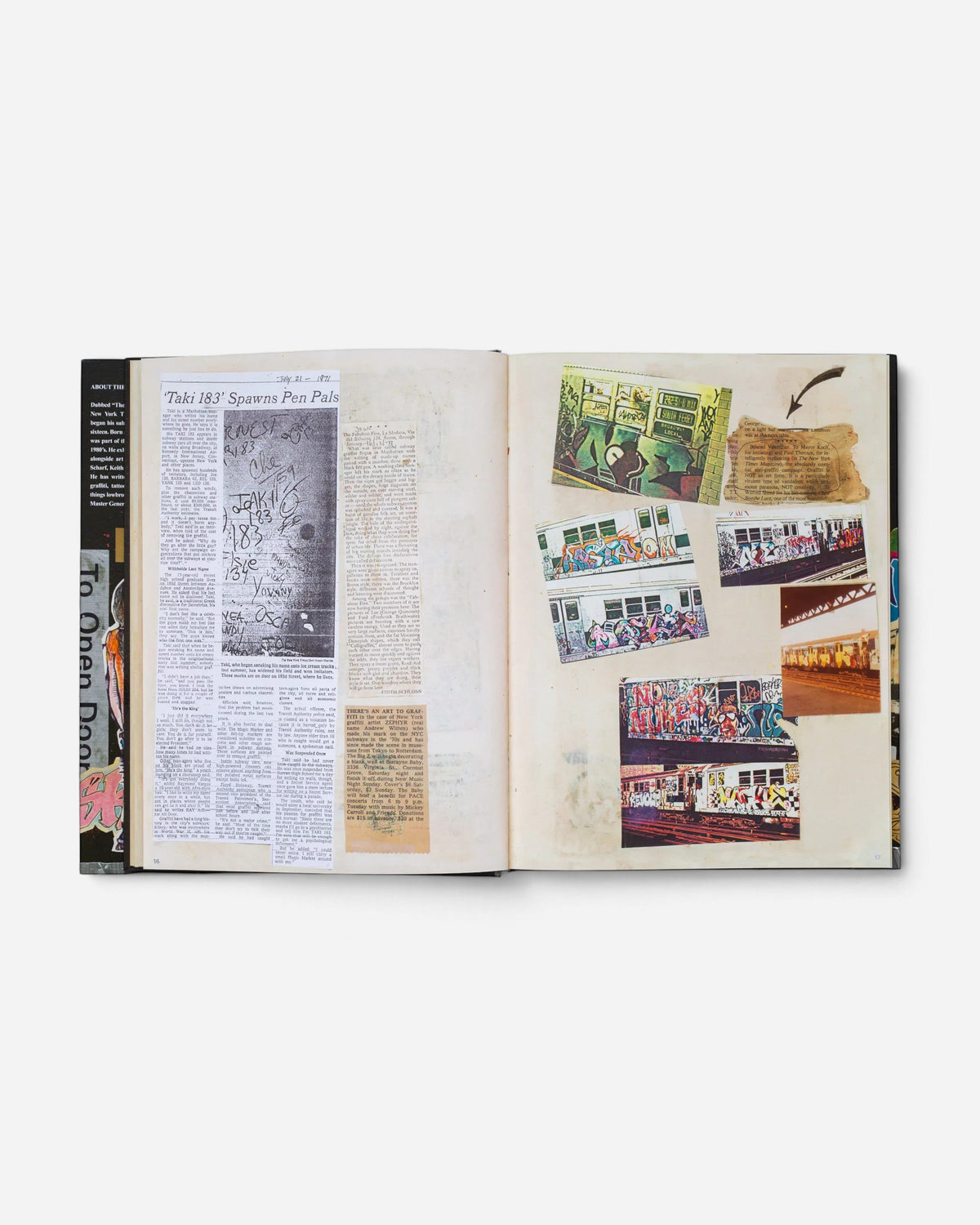 A spread from the Astrofat Zephyr graffiti scrapbook showing vintage NYC subway train photos and newspaper clippings.