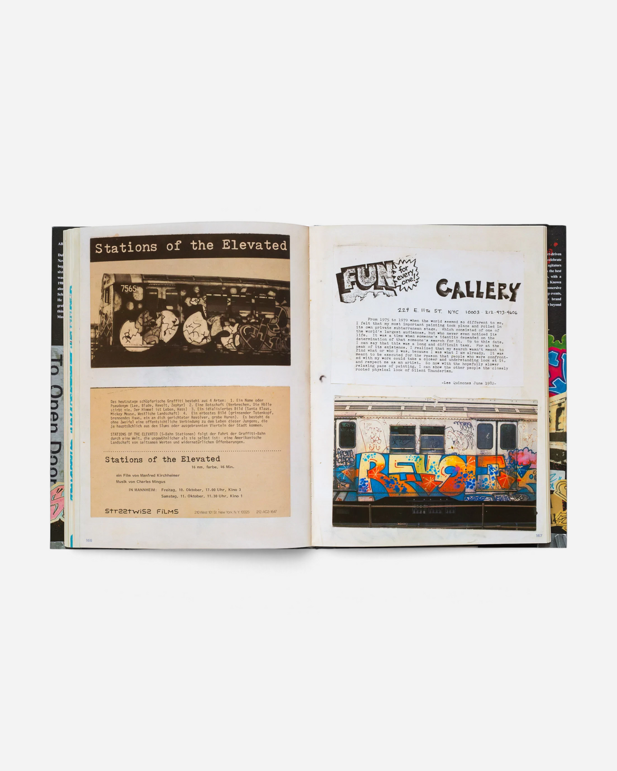 A spread from the Astrofat Zephyr graffiti scrapbook featuring vintage NYC subway photos, flyers, and historical text.