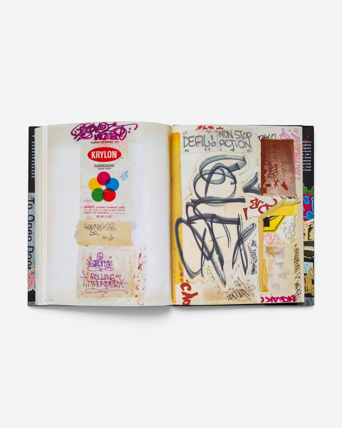 A spread from the Astrofat Zephyr graffiti scrapbook featuring vintage Krylon spray paint labels and black ink tags.