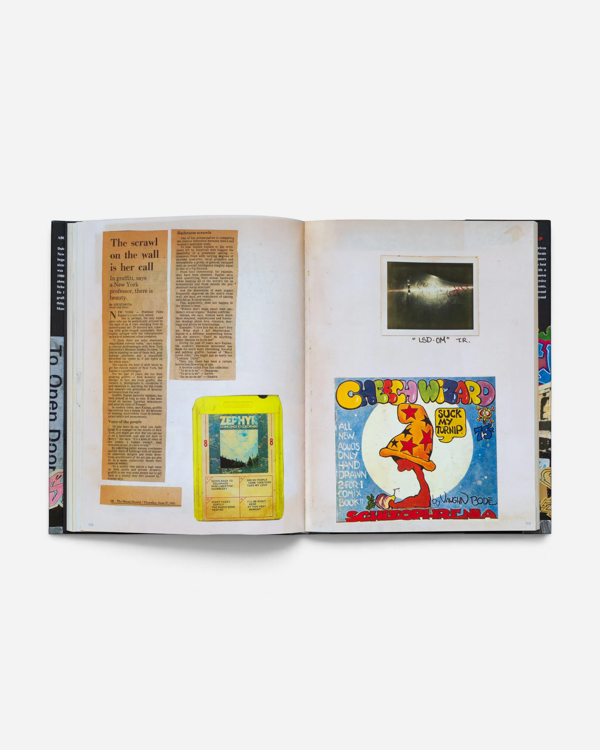 A spread from the Astrofat Zephyr graffiti scrapbook featuring vintage newspaper clippings, a Cheech Wizard comic, and ephemera.