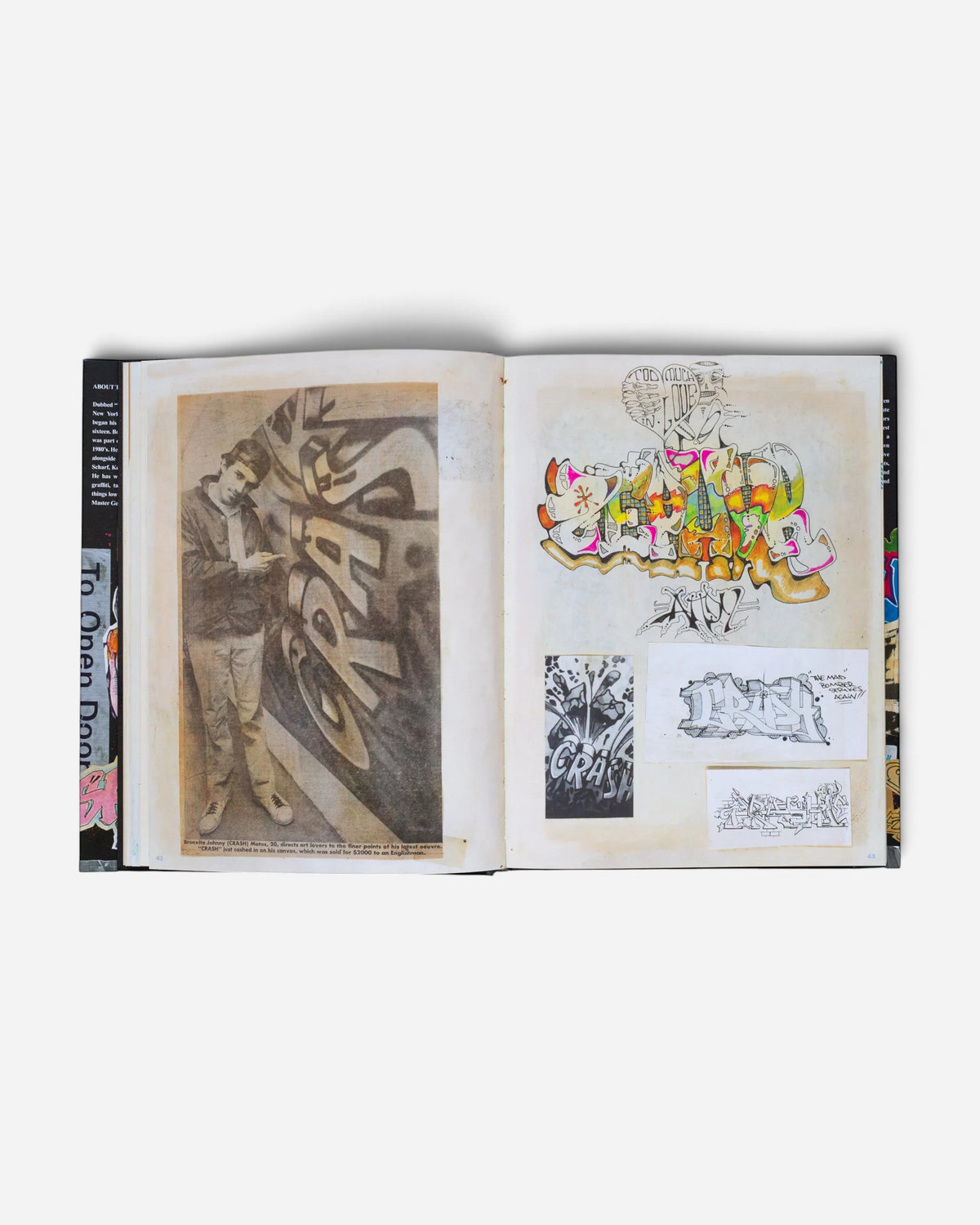 Astrofat Zephyr graffiti sketchbook open to pages featuring vintage photos of artist Crash and detailed ink drawings.