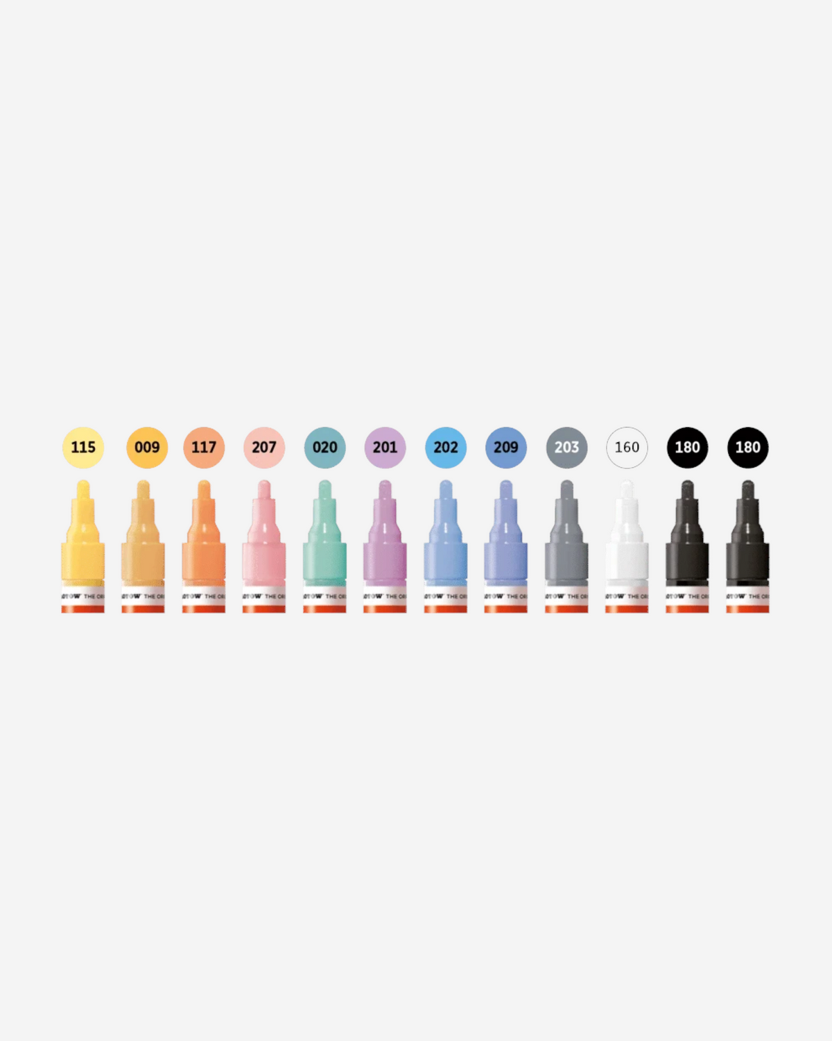 Astrofat set of 12 Molotow One4All 4mm acrylic markers in assorted pastel and primary colours with round tips.