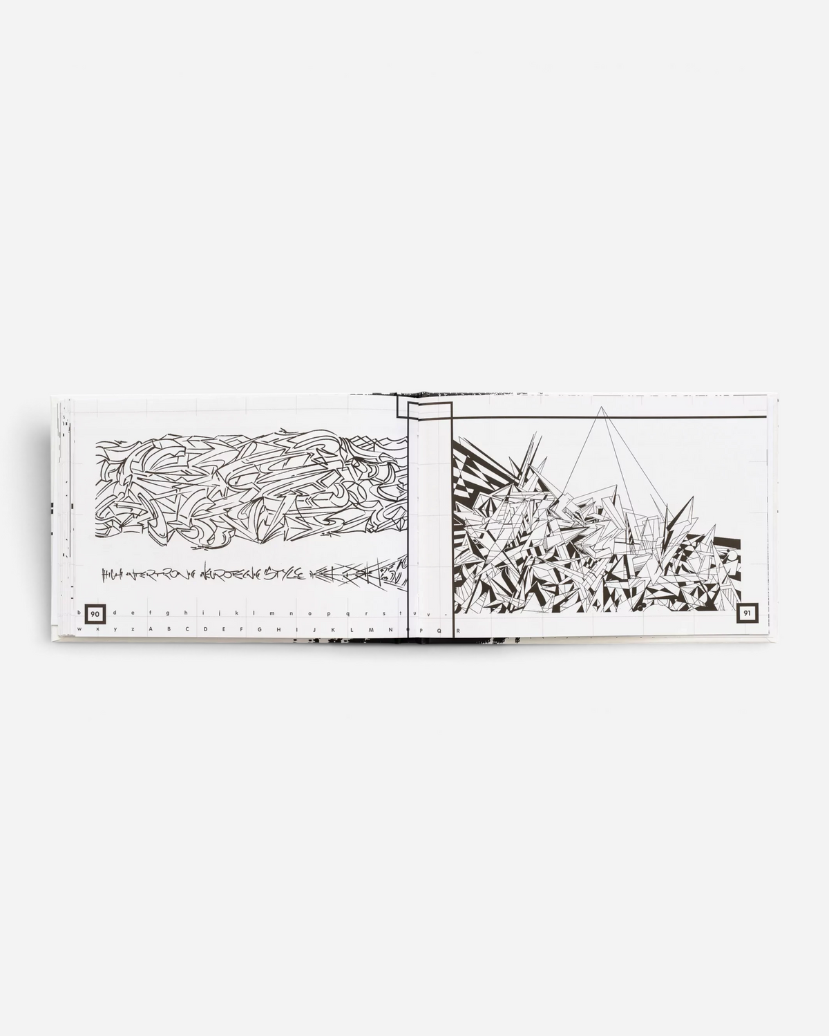 Astrofat Theory of Style book open to pages 90 and 91, showcasing intricate black and white graffiti letter designs.