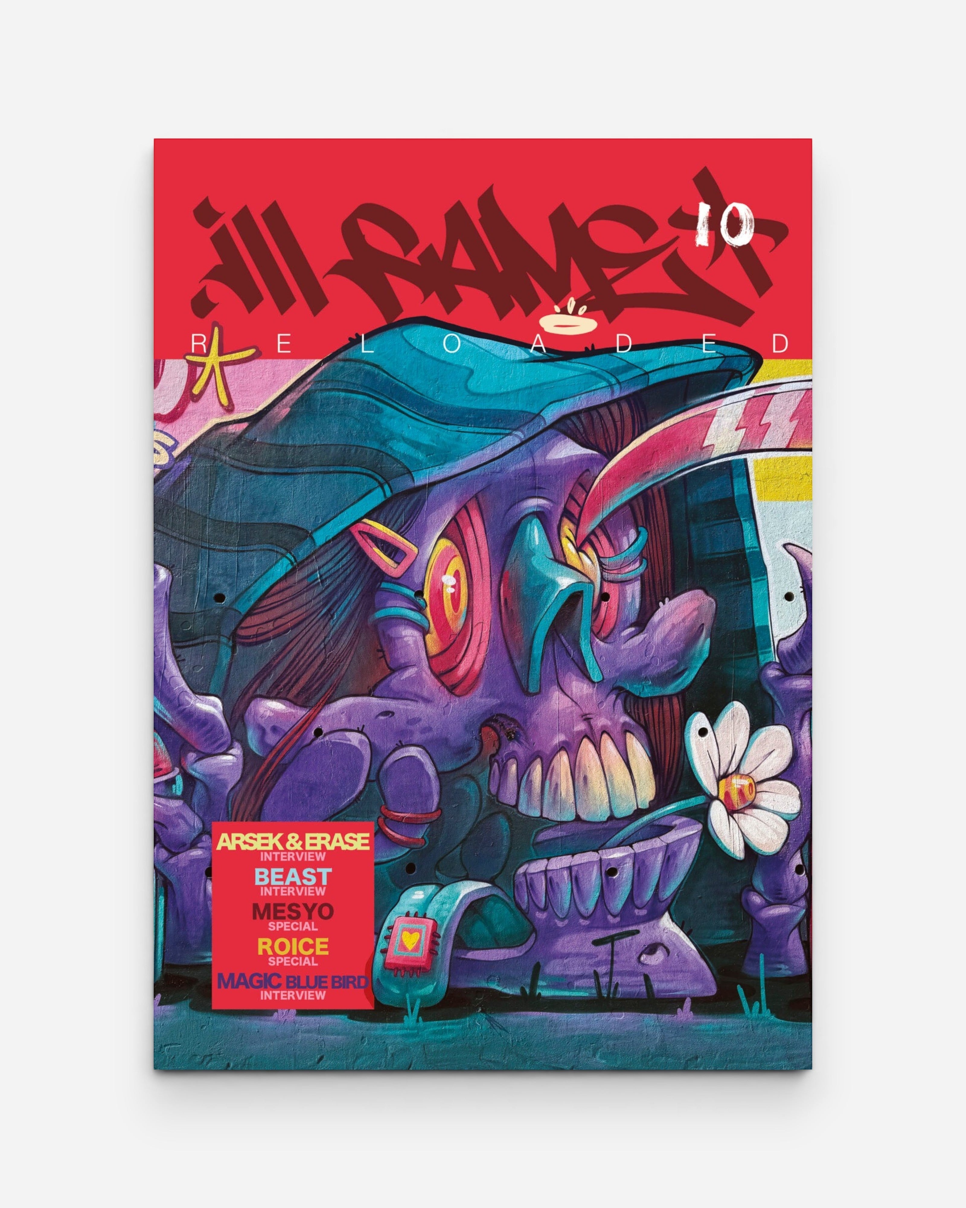 Ill Fame Magazine Issue 10 cover art featuring a purple, cartoonish skull character with vibrant eyes and sharp teeth, holding a white flower.