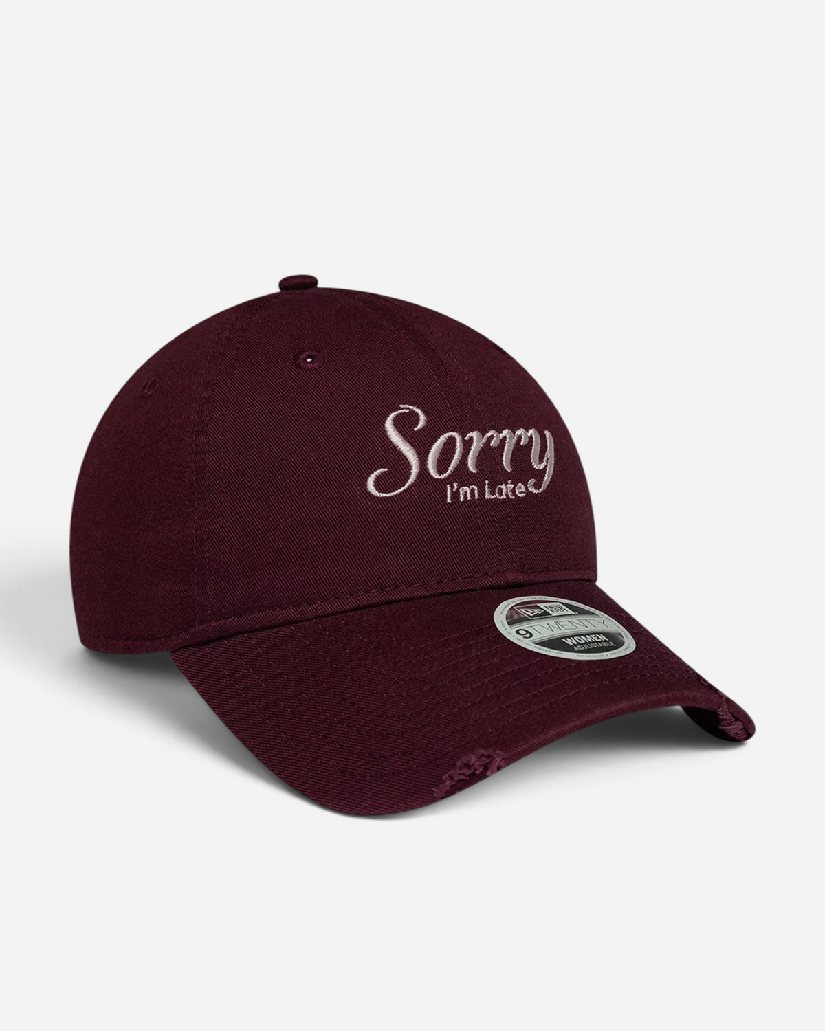 Astrofat New Era 9TWENTY dark purple adjustable baseball cap with Sorry I'm Late slogan embroidery and distressed brim.