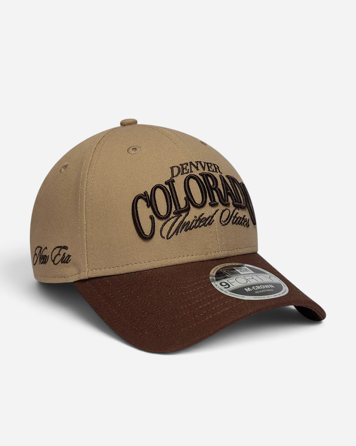 Astrofat New Era 9FORTY adjustable cap in beige and brown with Denver Colorado embroidery and a curved visor.