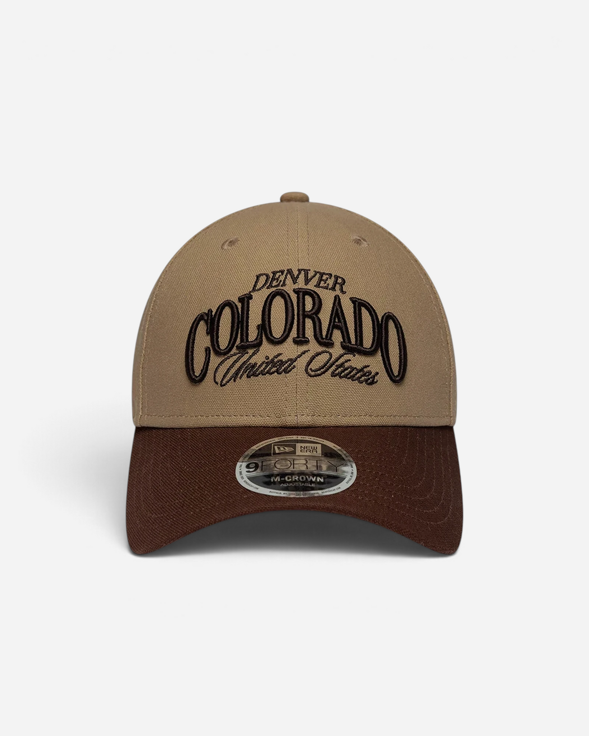 Astrofat New Era 9FORTY M-Crown adjustable cap in beige and brown with Denver Colorado embroidery on the front.