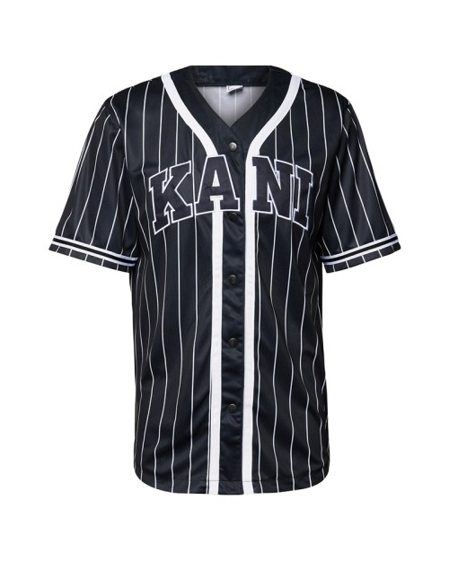KARL KANI KK Serif Pinstripe Baseball Shirt Black / White