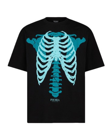 PHOBIA Light Blue Skeleton Bones Print Black Tee
