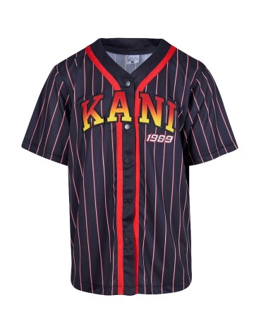 KARL KANI KK Serif Pinstripe Baseball Shirt Black/Red/White